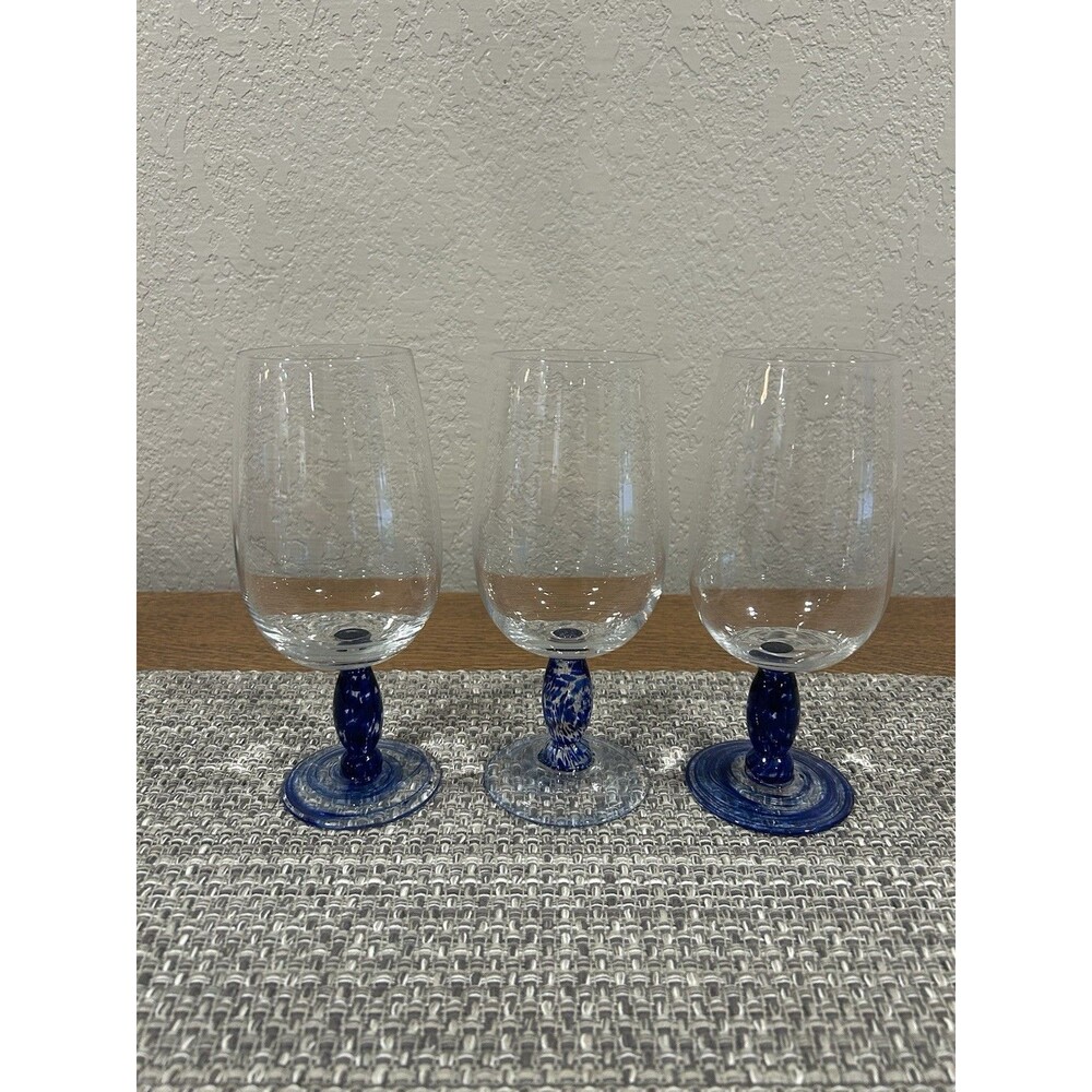 Hand Blown Glass Wine Glasses Cobalt Blue Swirl Speckled Stems Set  Of 3  Ht 8.5